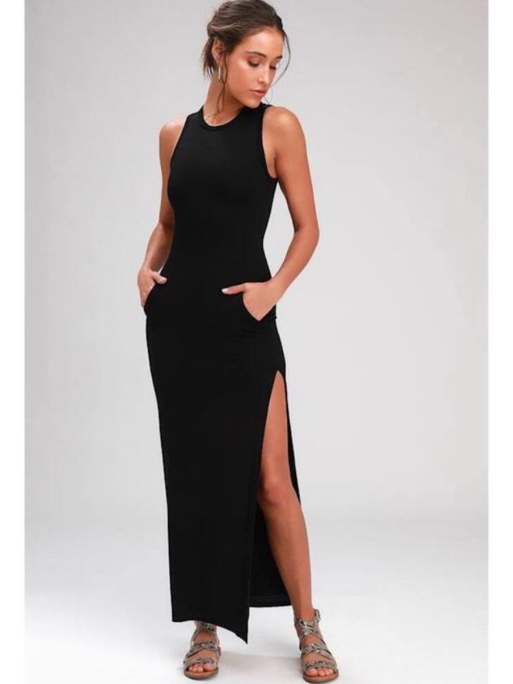 Lulus Shield and Sword Black Sleeveless Maxi Dress With Pockets and Slit